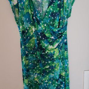 2X 18/20W Green and Blue Leaf-Print Faux Wrap Dress MSK Women